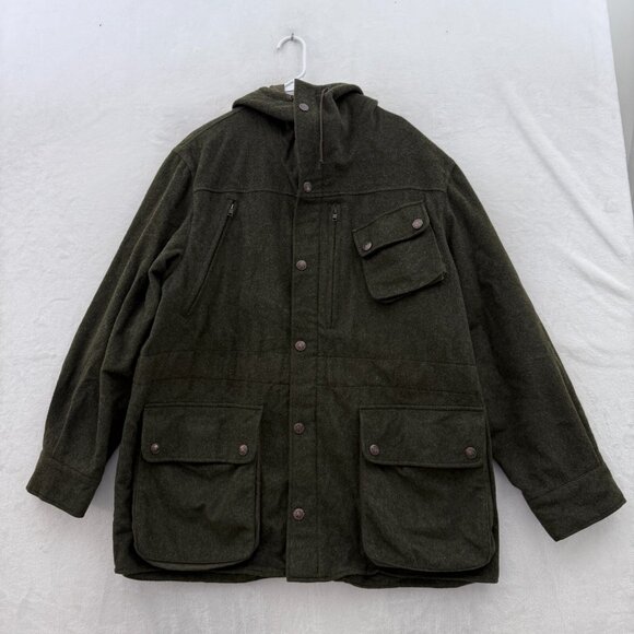 Vintage Hunting World New York Jacket Men 44 XL Green Full Zip Chore Wool Hooded